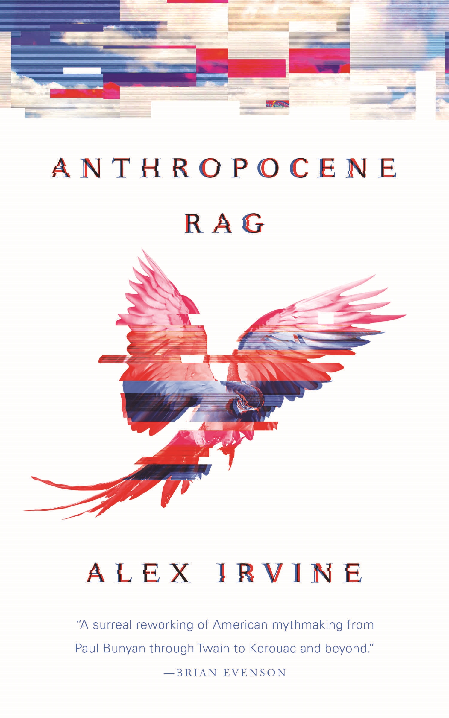 Anthropocene Rag Book Cover, title text with image of a glitching parrot underneath